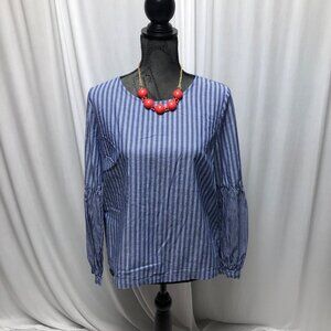 A New Day Blue Peasant Shirt Size Large Blue Stripe Balloon Sleeve Boho Top